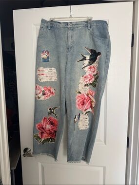 SHEIN Light Blue Distressed Jeans with Pink Rose & Swallow Motifs